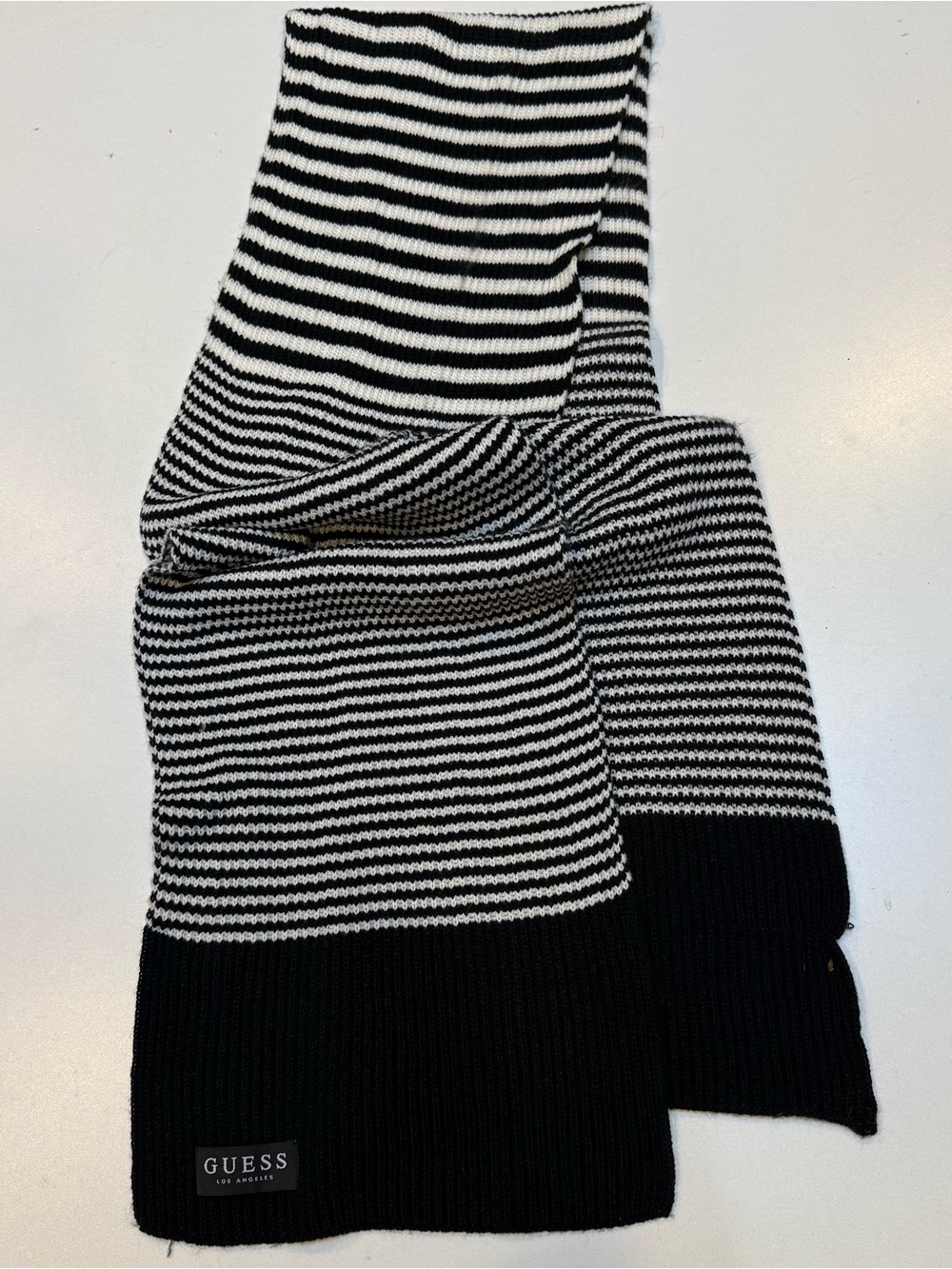 GUESS Black & White Striped Knit Scarf